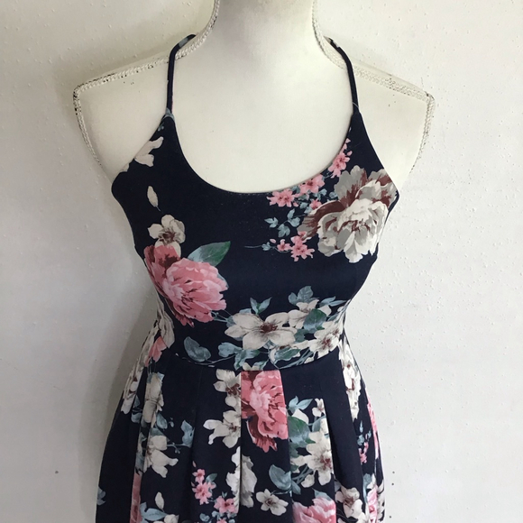 TRAC Women Elegant Navy Colorful Floral Spaghetti Straps Mini Dress S - Picture 5 of 12